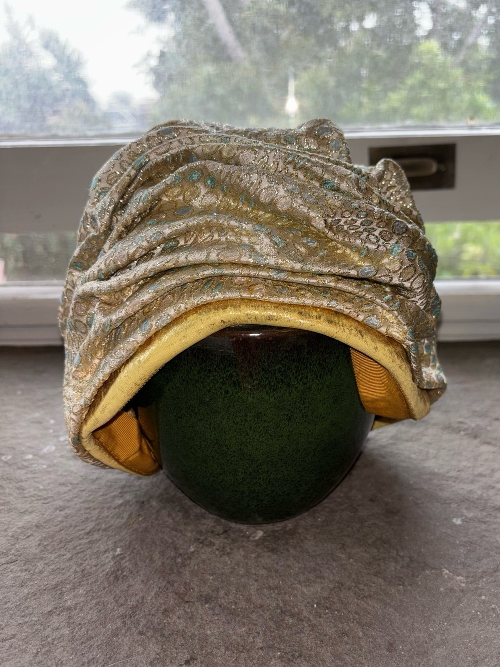 Styled By Coralie Gold Brocade Ruched Turban with Mustard Accents